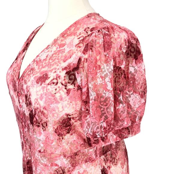 Sheer Lace Maxi Dress Button Front V Neck Short Sleeves Size 1X Pink - Picture 3 of 8